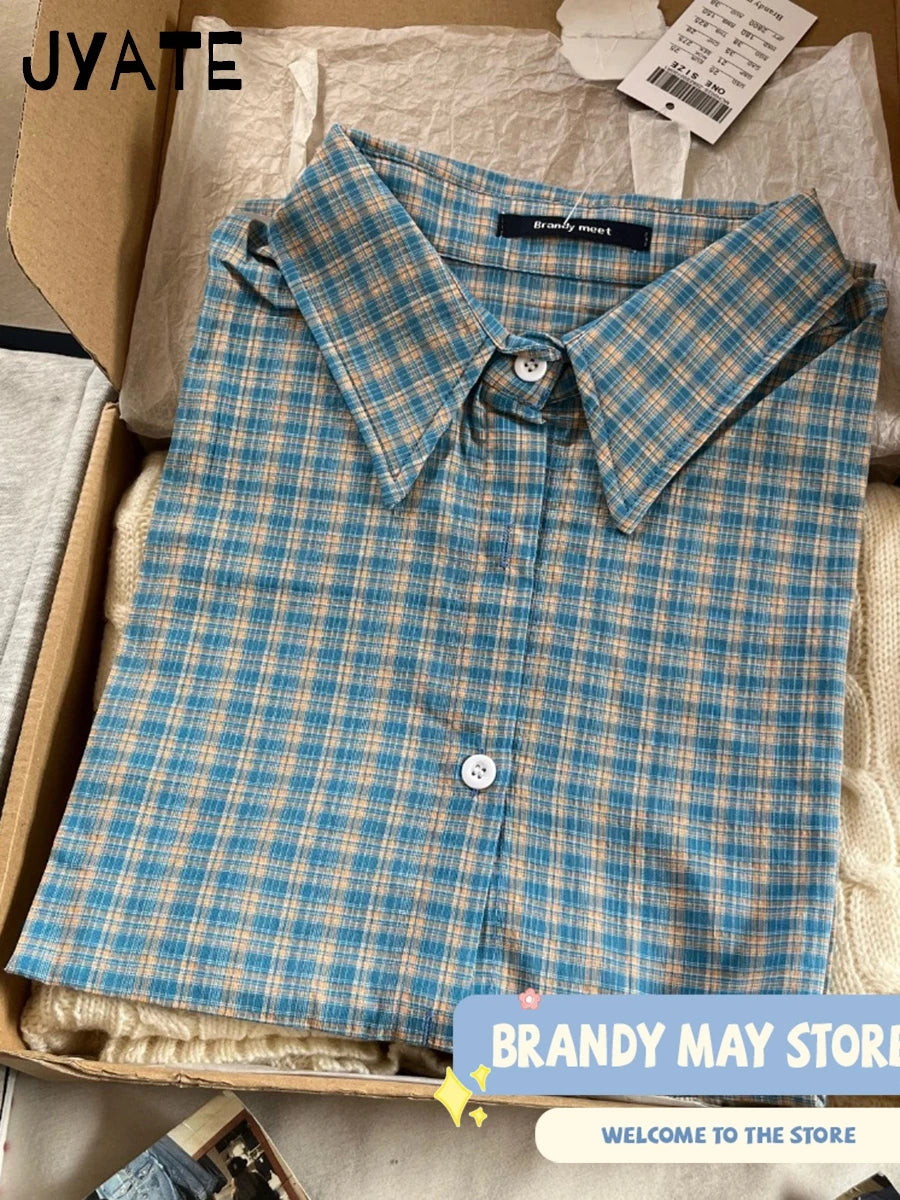 Vintage Plaid Single Breasted Blouse Women New Cotton Casual Turn-down Collar Long Sleeve Tees Chic Preppy Style T-shirts Y2K