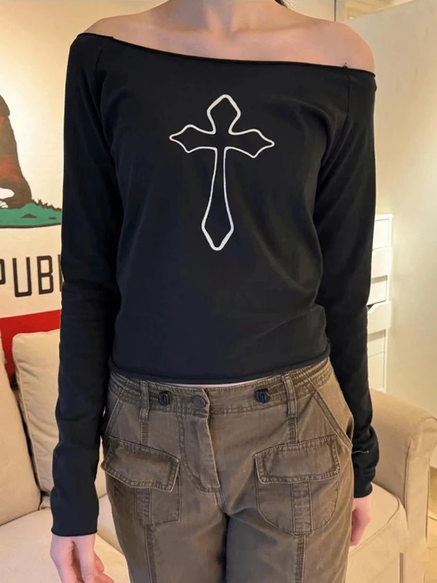 Harajuku Black Raw Trim T-shirts Women Cotton Casual Sexy Slash Neck Long Sleeve Tees Female Streetwear Vintage Y2K Tops Clothes