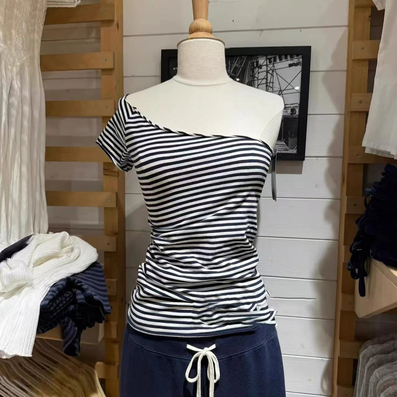 Off-shoulder Style Striped T-shirts Women Summer Sexy Slim Cotton Short Sleeve Tee Female Vintage Sweet Chic Tshirt Y2K Tops New