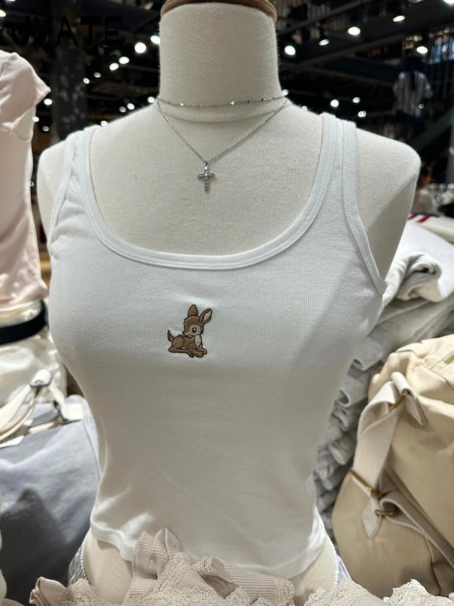 Fashion Little Deer Embroidery Tank Tops Women Summer New Cotton Slim U-neck Slim Cropped Vests Sweet Chic Casual Camisole Y2K