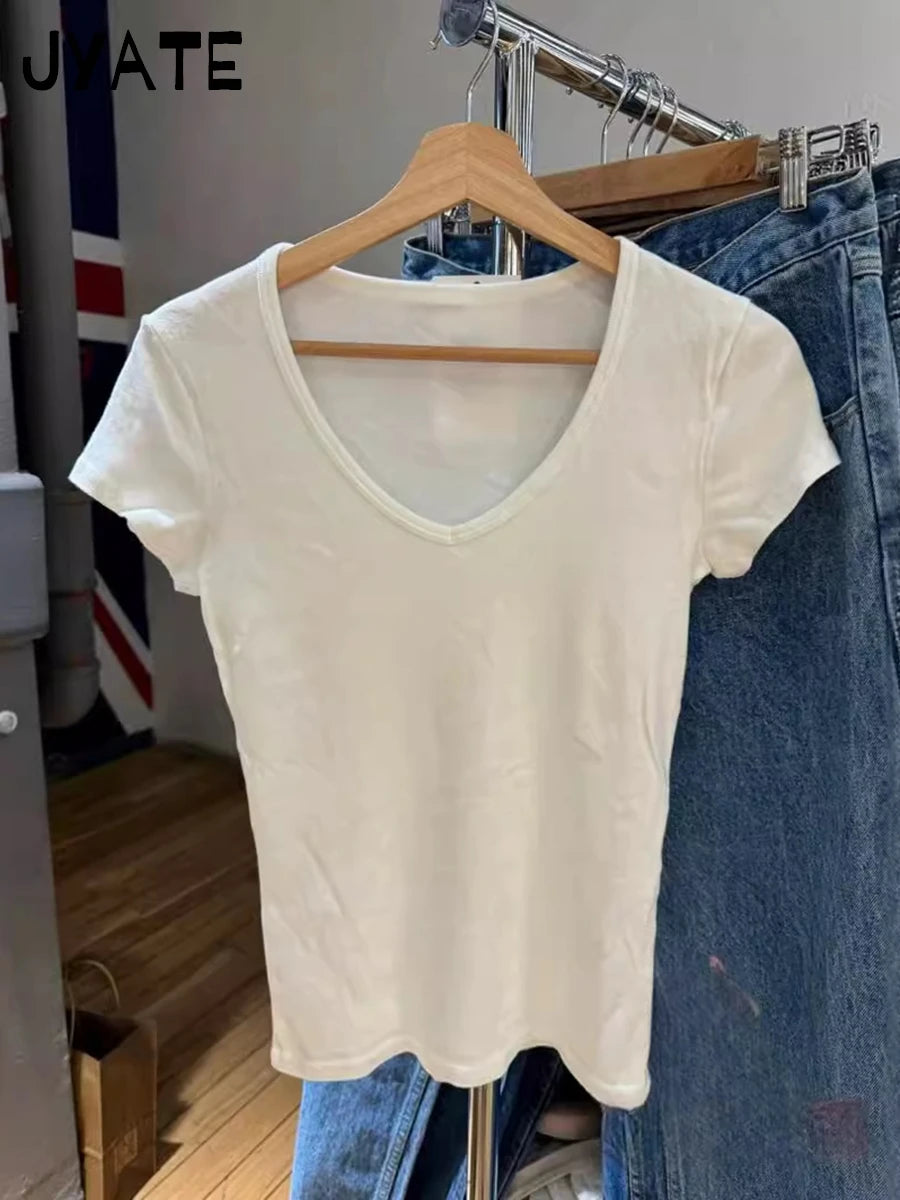 Sweet Crew Neck Solid Short Sleeve Tees Women Summer New Cotton Soft Casual Streetwear Chic Tops Vintage Cute Harajuku T-shirts