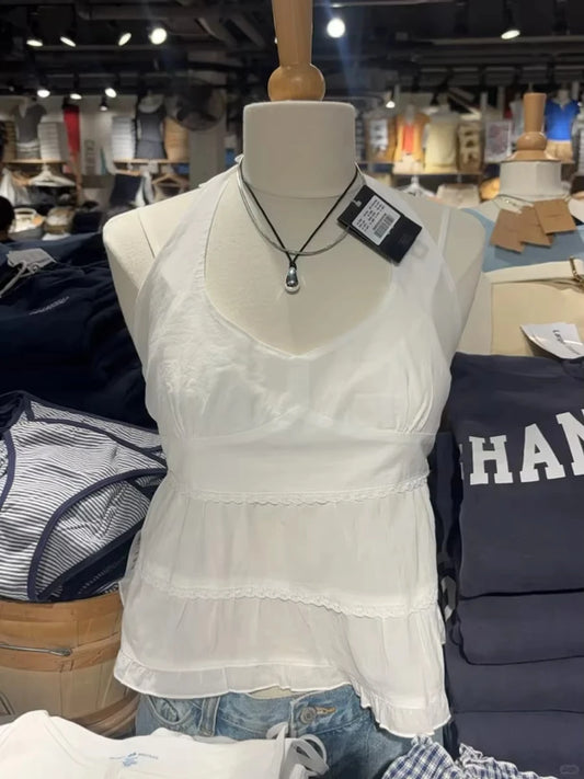 Lace Ruffles White Halter Tops Woman Summer Simple V-neck Sleeveless Cotton Cropped Camisole Cute Sweet Backless Slim Crop Top