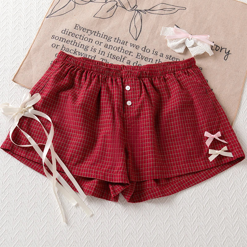 Vintage Red Plaid Blouse T-shirt Short Set Women Summer Buttons Tee+Straight Sweatshorts Suit Sweet Home Pajama 2 Piece Sets Y2K