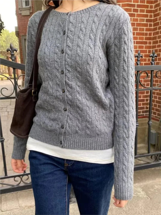 Twist Flower Sweater Cardigan Spring Single Breasted O-neck Long Sleeve Cotton Knitwear Vintage Preppy Style Sweaters Y2K