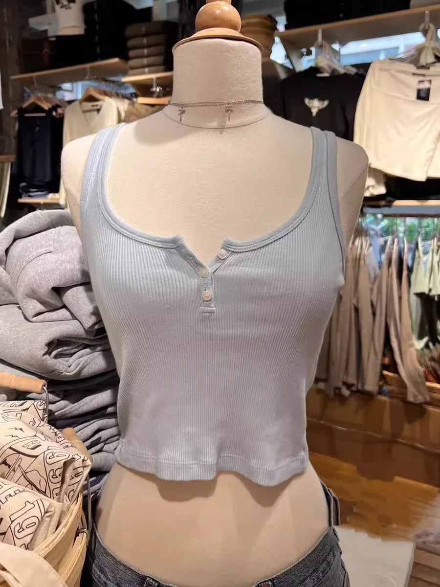 Solid Ribbed Slim Tank Tops Women Streetwear Simple Basic Cotton Buttons Sleeveless Top Female Casual Sweet All-match Y2k Vest