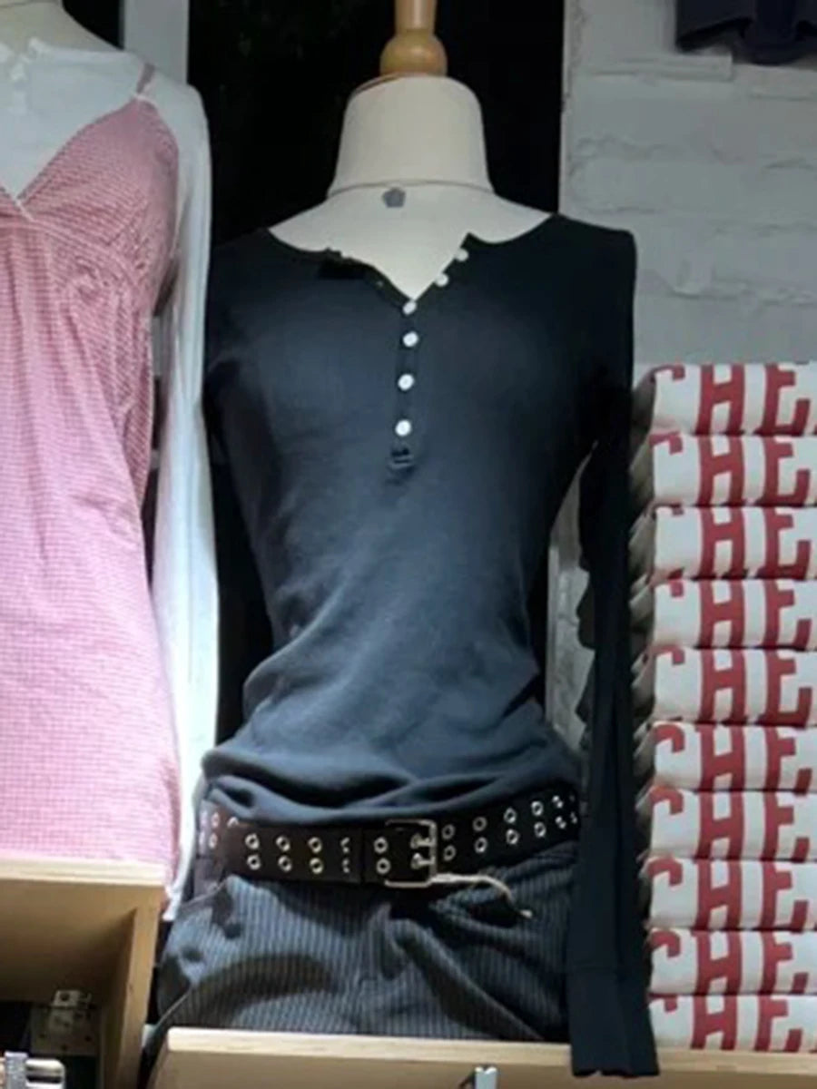 Pink Six Buttons Ribbed Long Sleeve T-shirts Women Spring Round Neck Cotton Slim Tee Top Female Cute Sweet Tshirt Y2k Tops New