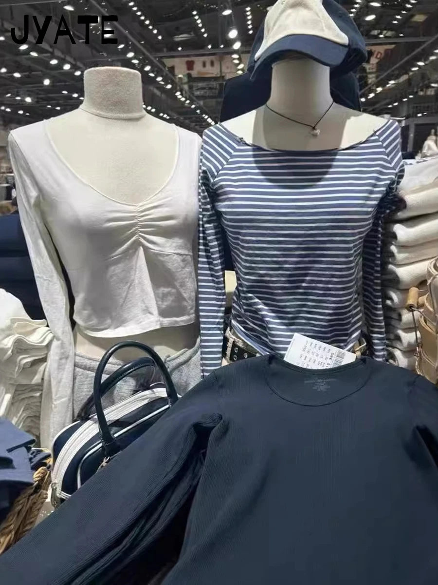 Blue Striped Slash Neck Long Sleeve Tees Women New Cotton Soft Casual Slim Raw Hem Tops Clothes Vintage Sweet Chic T-shirts Y2K