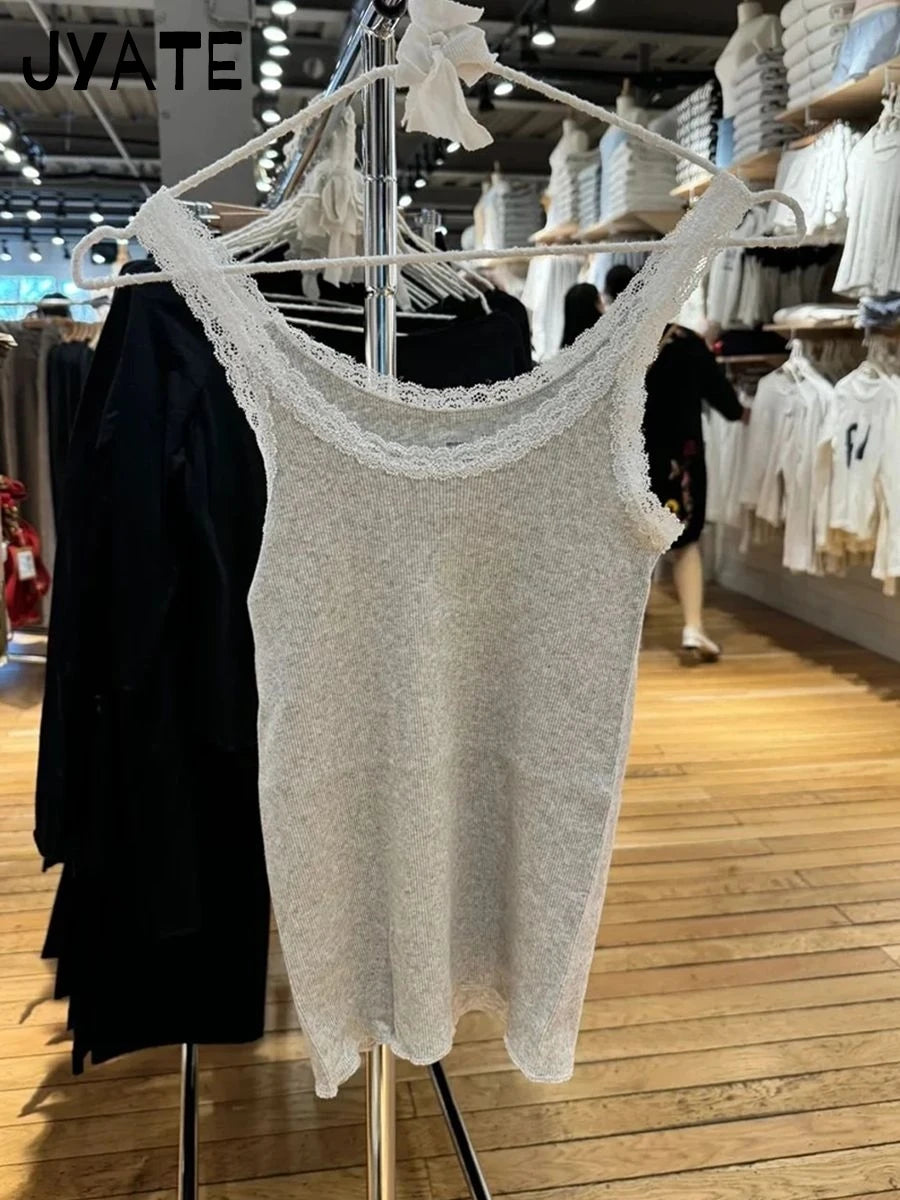 New Lace Trim Gray Ribbed Cotton Tank Tops Women Summer Sexy Slim Roll Hem Sleeveless Vests Sweet Cute Vintage Basic Camis Y2K