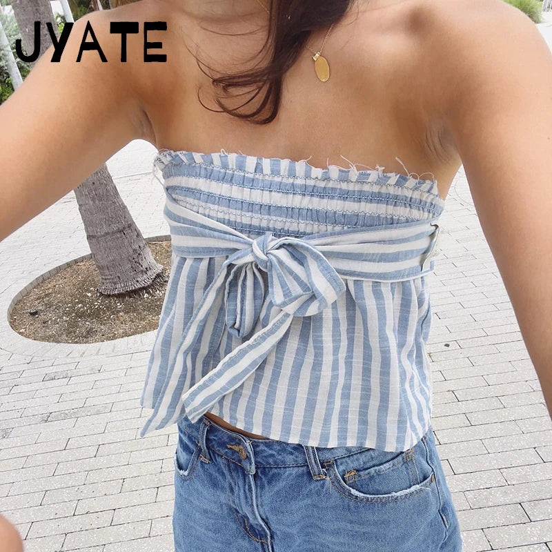 Fashion Blue Striped Straps Halter Neck Camisole Women Summer New Casual Simple Sleeveless Vest Vintage Sweet Chic Tank Tops Y2K