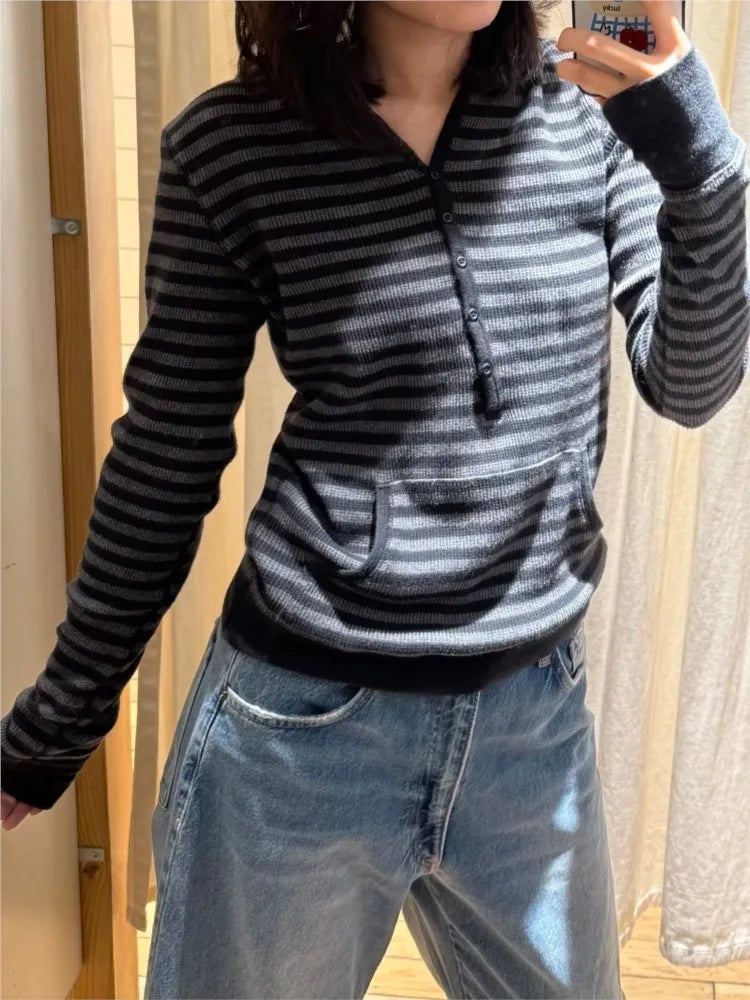 Gray Striped Waffle Hooded T-shirt Women Five  Button CottonSlim Long Sleeve Tee Shirt Casual Preppy Style Vintage Tshirt Y2k