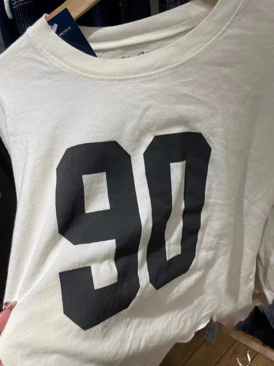 Fashion 90 Digital Print Cotton Long Sleeve Tees Women New O-neck Loose Raw Hem Streetwear Tops Simple Vintage Chic T-shirts Y2K