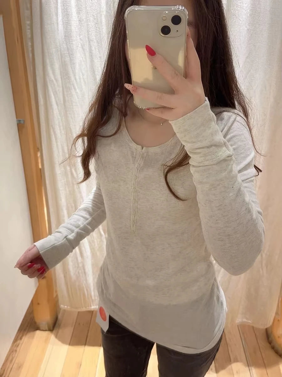 Button Long Sleeve Tees Solid Slim T-shirts Women Spring Casual Simple Basic Tshirt
