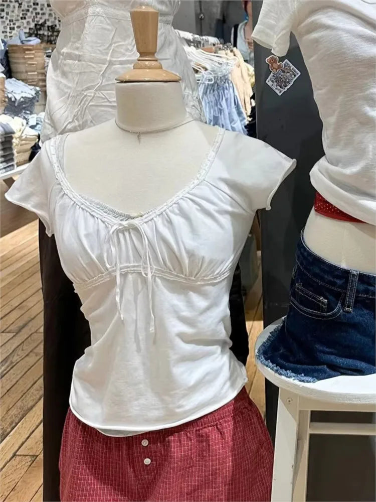Lace Trim Fungus Slim T-shirt Women Simple Casual White Bow V-neck Short Sleeve Tee Shirts Female Sweet Cute Cotton Crop Tops