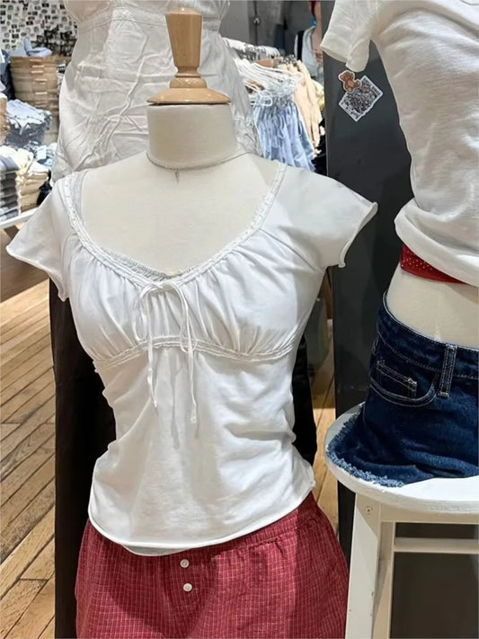 Lace Trim Fungus Slim T-shirt Women Simple Casual White Bow V-neck Short Sleeve Tee Shirts Female Sweet Cute Cotton Crop Tops
