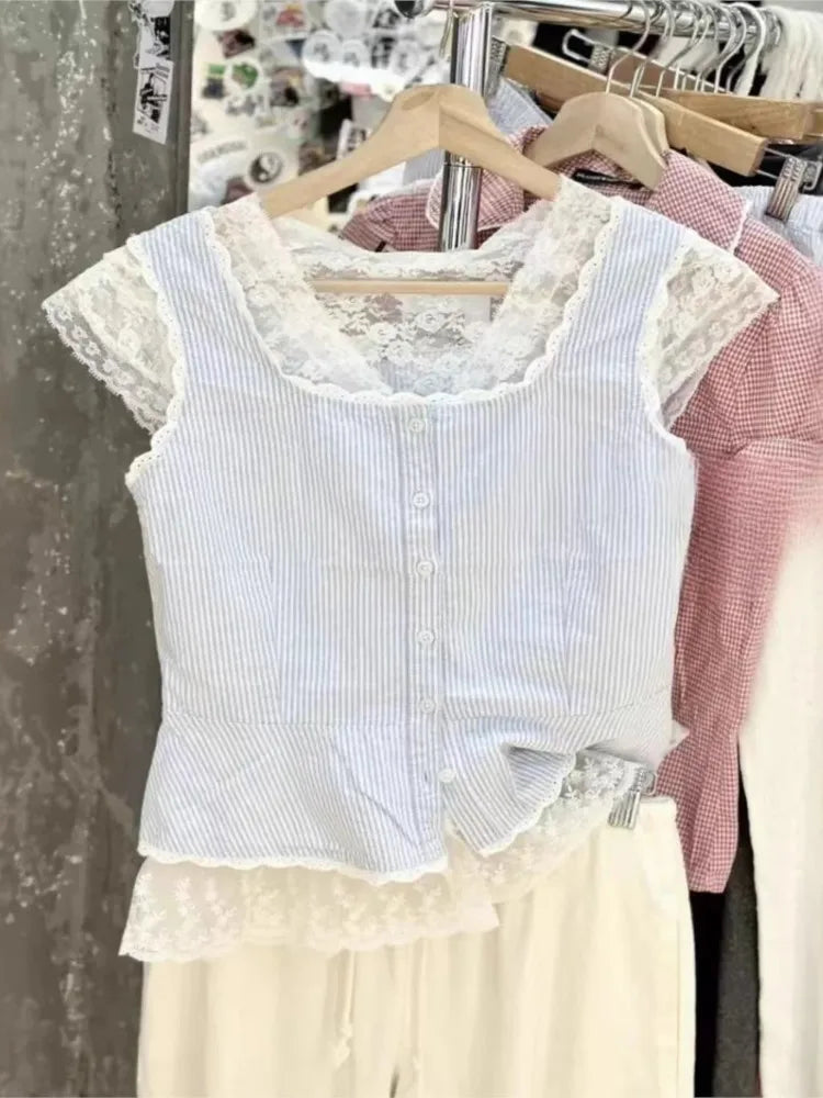 Blue Striped Lace Trim Tank Top Women Summer Streetwear Scoop neck Cotton Slim Buttons Vests Vintage Cute Sweet Crop Tops Y2K
