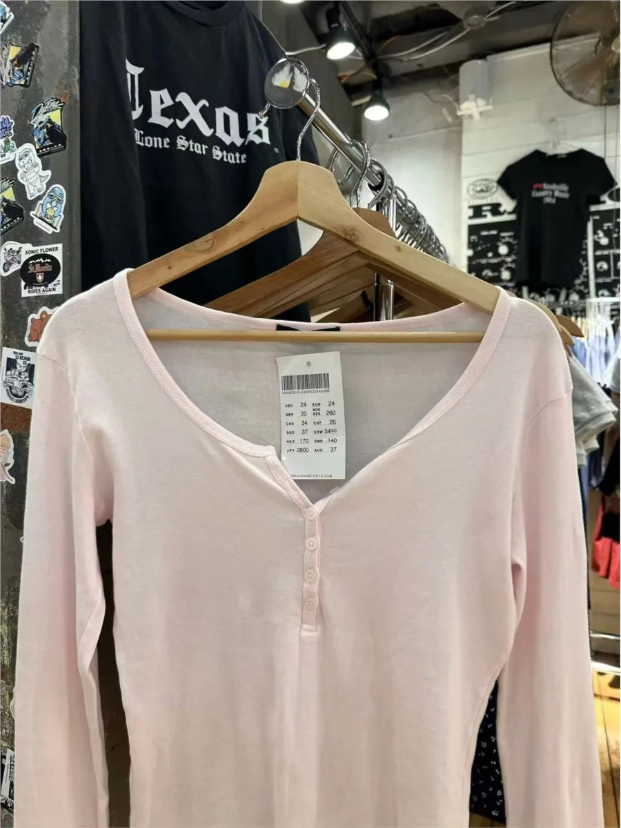 Sweet Pink Thin Long Sleeve Tees Women New Casual Cute O-neck Clean Girl fit Tshirt Top All-match Simple Streetwear T-shirts Y2K