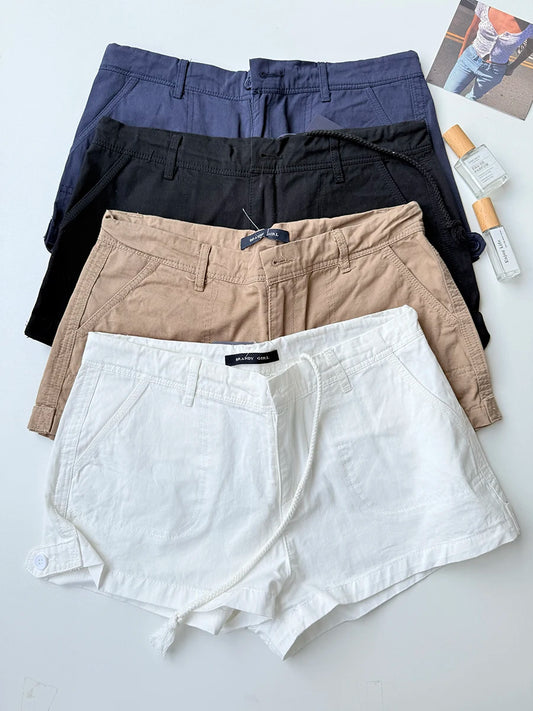 Solid Cotton Short Pants Women Summer Casual Pocket Button Straight Waist Sweatshort Sweet Chic Preppy Style Cargo Shorts Y2K