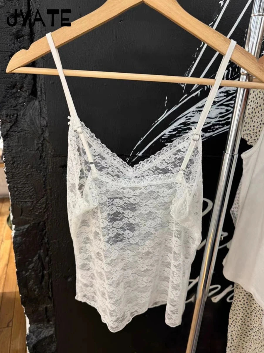 White Lace Bow Transparent Tank Tops Women Summer New Streetwear Sleeveless V-neck Thin Slim Vest Sweet Vintage Sexy Camis Y2K