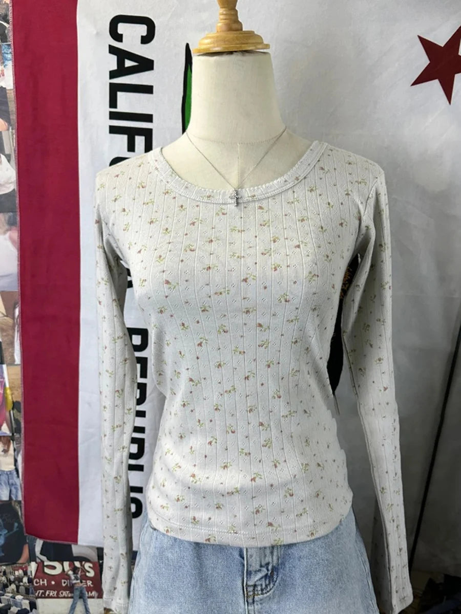 Floral Print Hollow Out Long Sleeve Tees Women Spring New Cotton Casual Slim Preppy Style Tops Vintage Sweet Cute Chic T-shirts