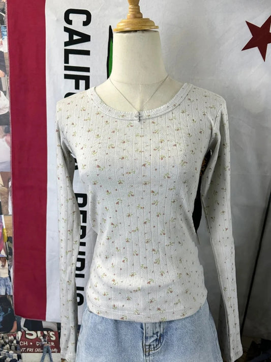Floral Print Hollow Out Long Sleeve Tees Women Spring New Cotton Casual Slim Preppy Style Tops Vintage Sweet Cute Chic T-shirts