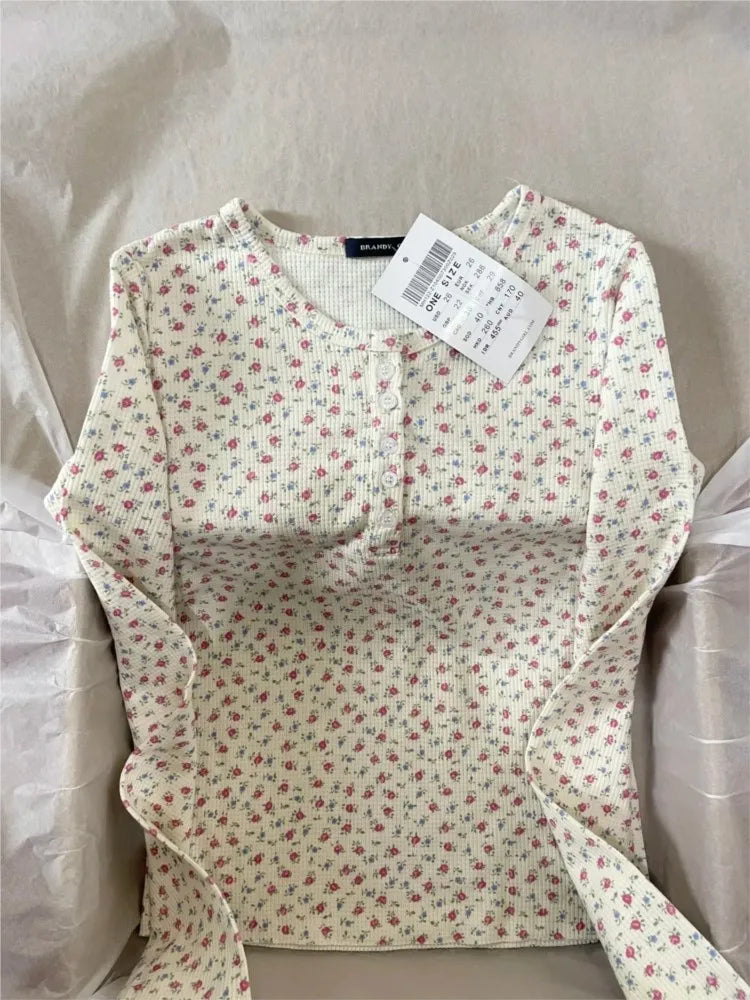 Waffle Pink Floral Long Sleeve T-Shirt Women Buttons Round Neck Cotton Slim Tee Top Sweet Cute Preppy Style Y2K Tshirt