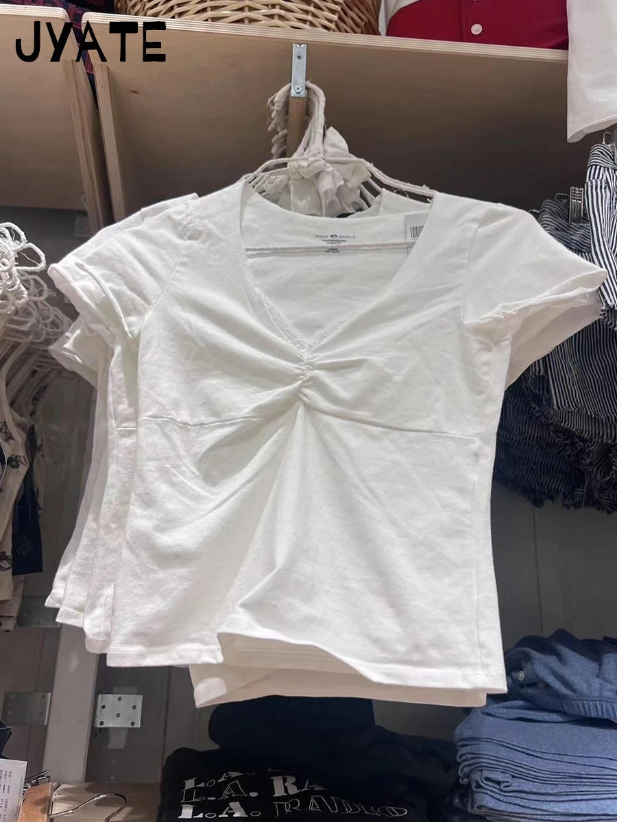 White Lace Trim Bow Crop Tops Women Summer New Cotton V-neck Slim Sexy Short Sleeve Tees Sweet Vintage Cute Simple Y2K T-shirts