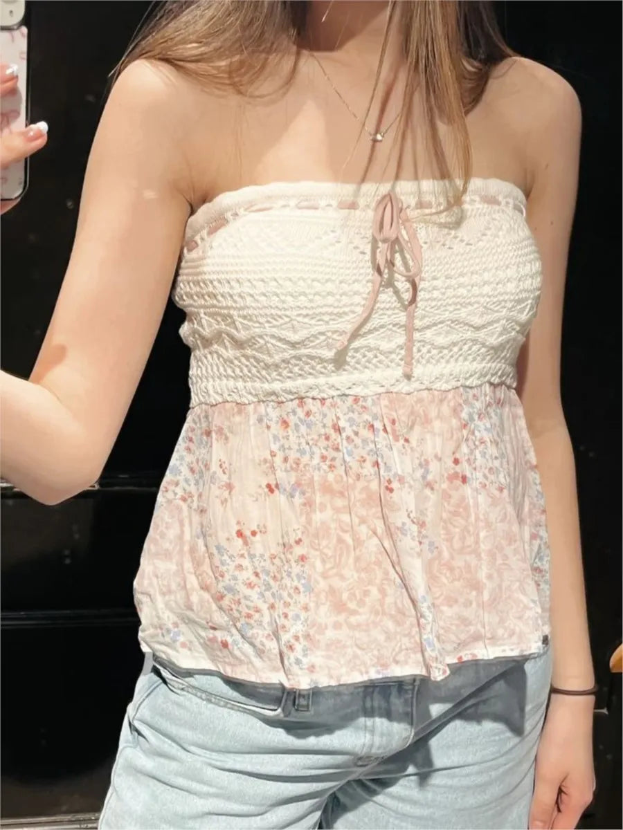 Sweet Knitted Patchwork Tube Tops Woman Lace-up Strapless Floral Hem Slim Cropped Camisole Female Streetwear Sexy Crop Top Y2K