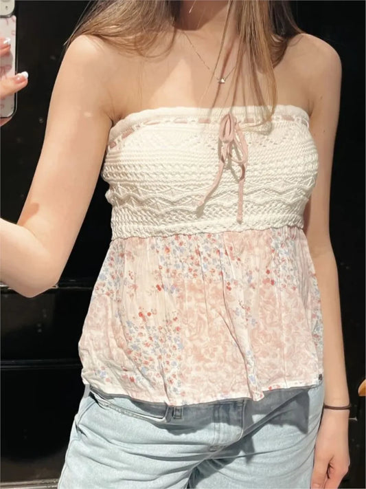 Sweet Knitted Patchwork Tube Tops Woman Lace-up Strapless Floral Hem Slim Cropped Camisole Female Streetwear Sexy Crop Top Y2K