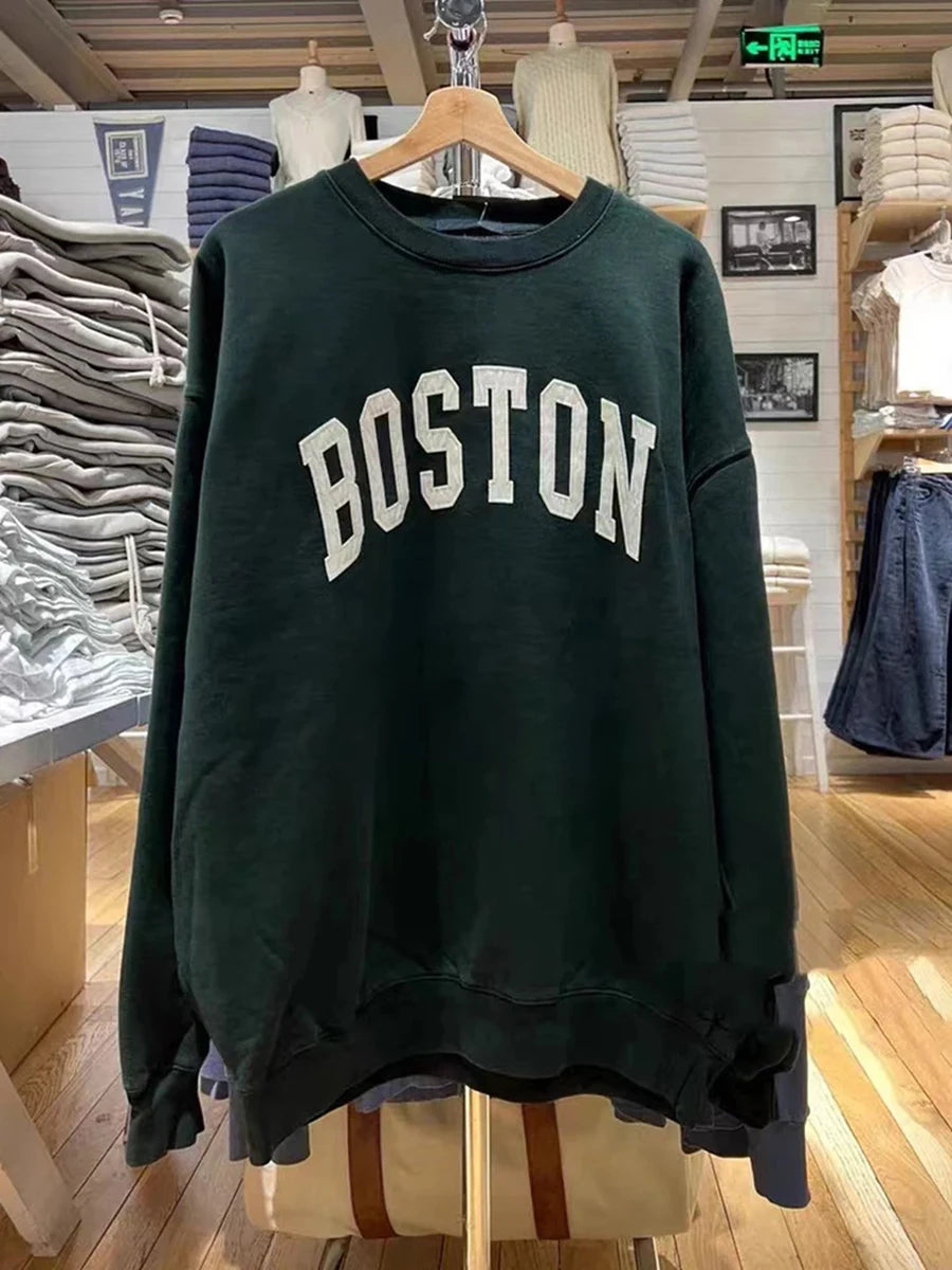Letter Embroidery Sweatshirts Women Autumn New Casual O-neck Flag Long Sleeve Hoodies Vintage Harajuku Chic Pullover Top Y2K