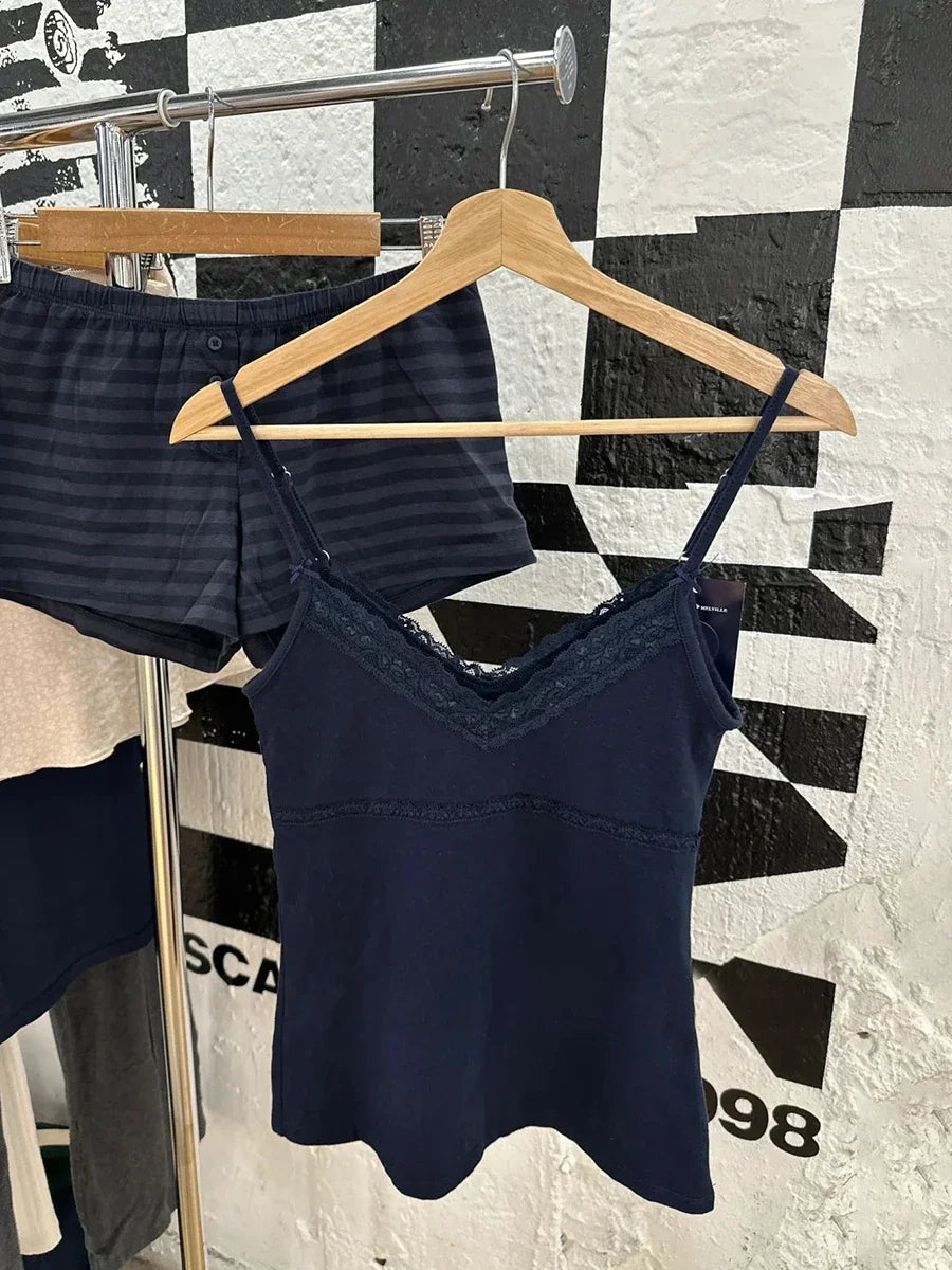 New Lace Trim Navy Slim Tank Tops Woman Summer Bow V-Neck Sleeveless Cotton Cropped Vest Casual Vintage Streetwear Crop Top Y2K