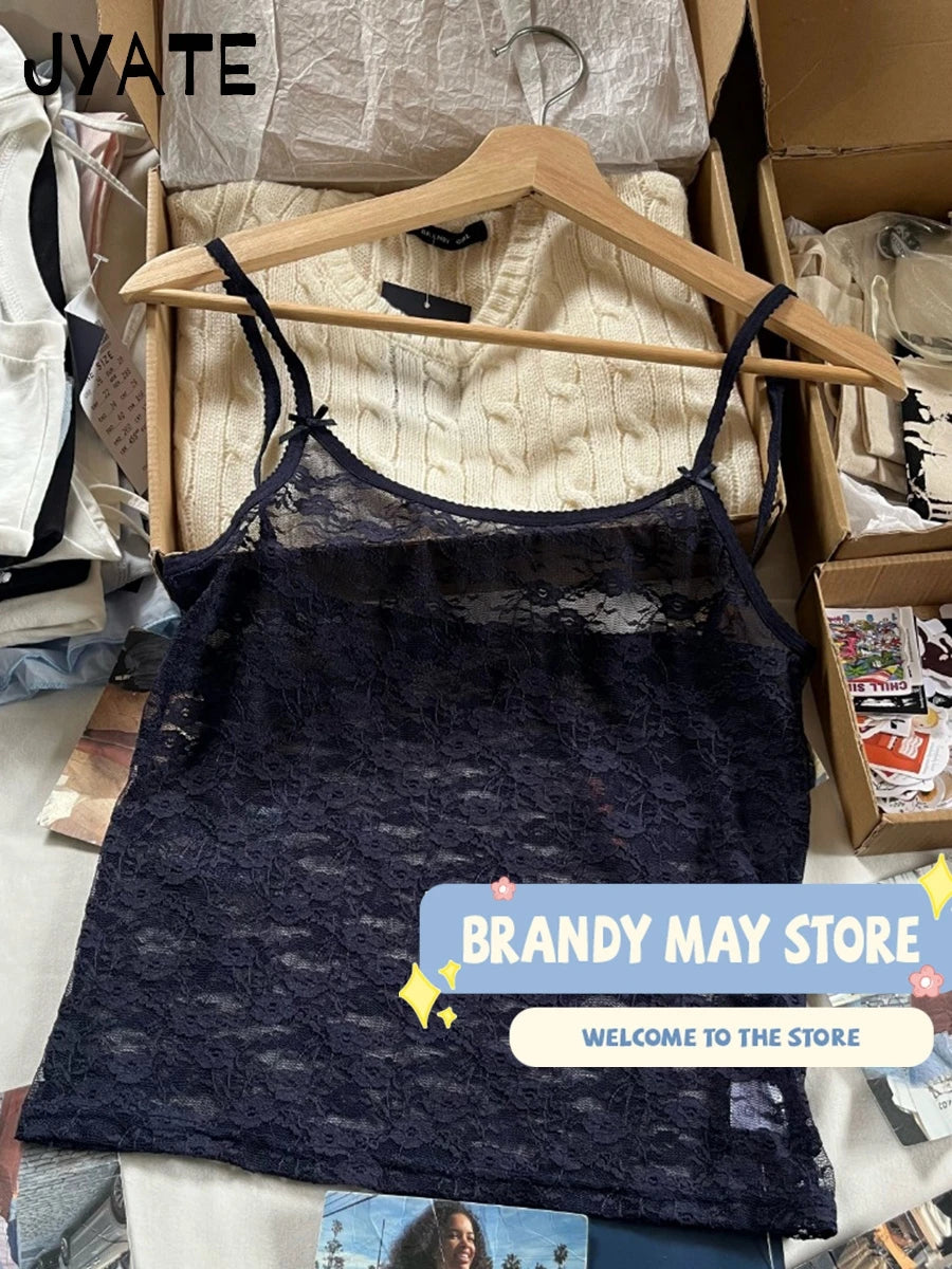 Sexy Lace Hollow Out Bow Solid Tank Tops Women New Casual Streetwear Square Neck Sleeveless Vest Sweet Vintage Chic Camisole Y2K