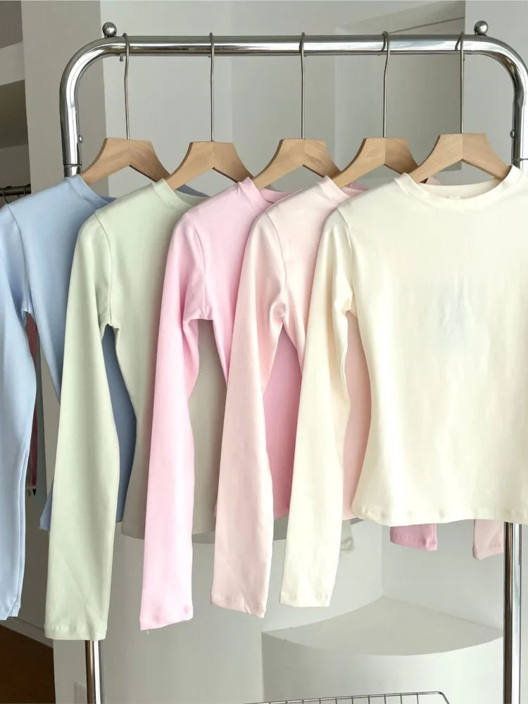 Solid Skinny Cotton T-shirt Women Casual Simple All-match O-neck Yoga Long Sleeve Tees Female Elegant Sweet Basic Sport T-shirts
