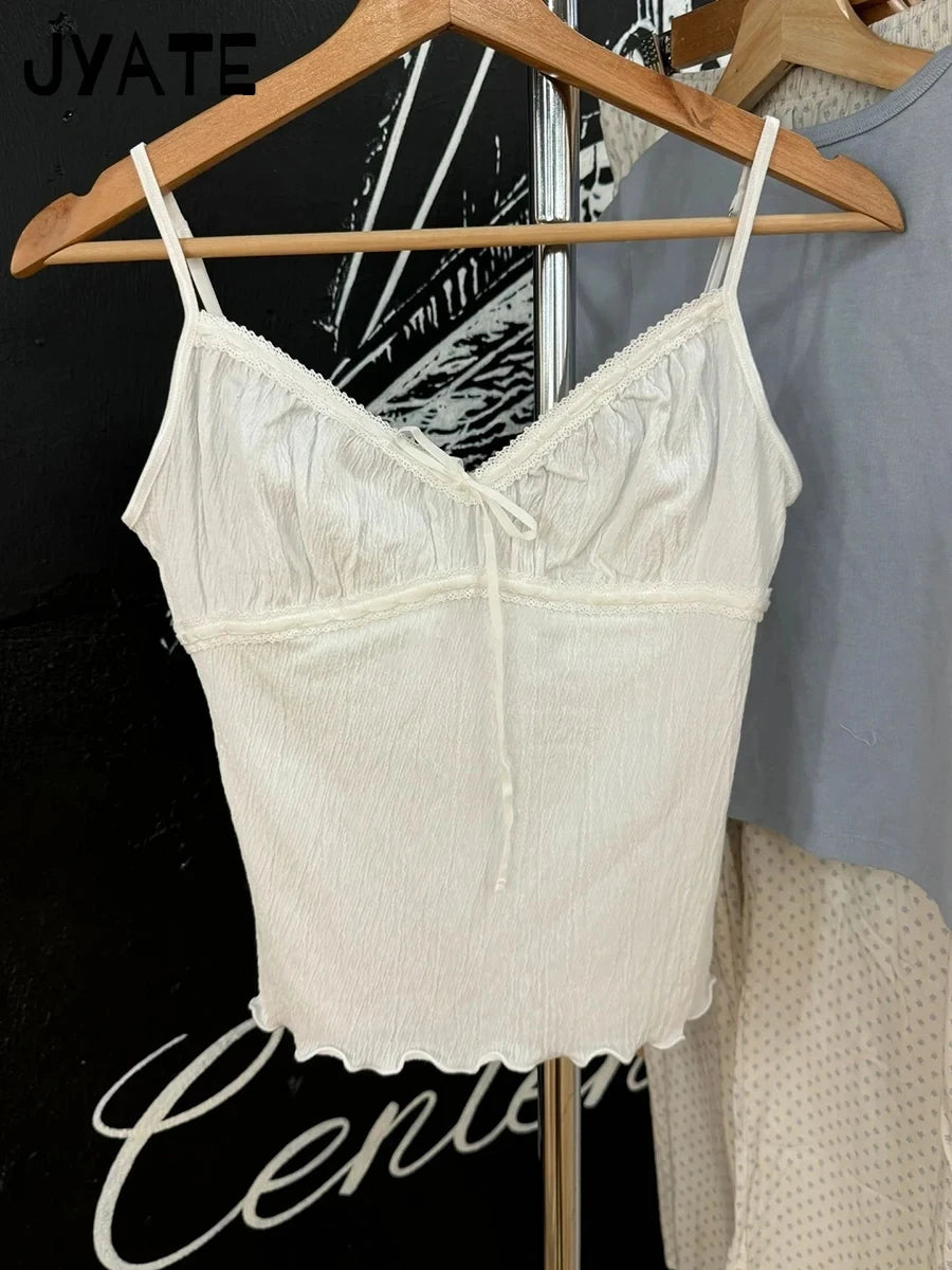 Claret Lace Bow V-Neck Tank Top Summer Sleeveless Thin Slim Sleeveless Vest Women Sweet Vintage Streetwear Sexy Crop Tops Y2k