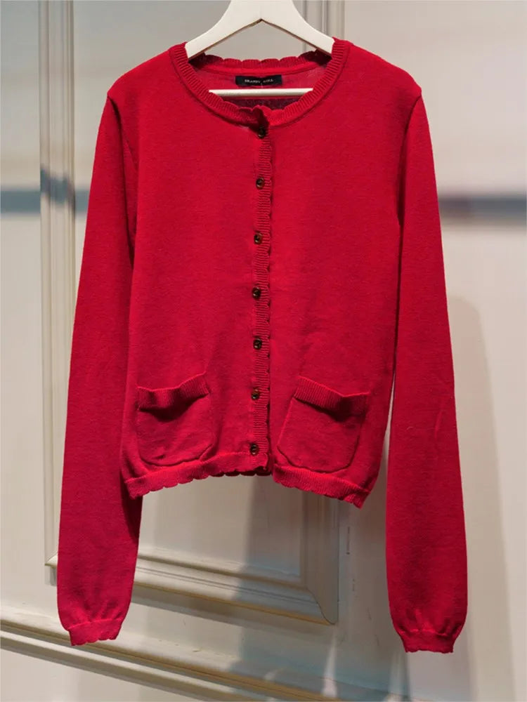 Christmas Red Pockets Slim Knitted Cardigan Woman O-Neck Long Sleeve Cotton Sweaters Sweet Preppy Style Knitwear Coat Tops