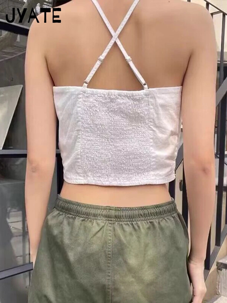 Simple White Back Cross Shoulder Strap Camisole Women New Cotton Elastic Casual Cropped Vests Vintage Sweet Cute Tank Tops Y2K