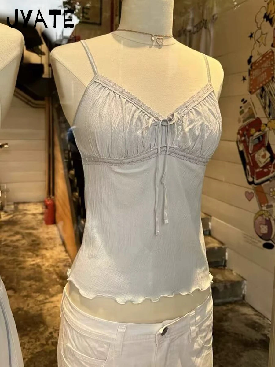 Lace Trim Blue V-neck Tank Tops Women Summer New Sexy Casual Slim Lace-up Sleeveless Vests Sweet Preppy Style Vintage Camis Y2K