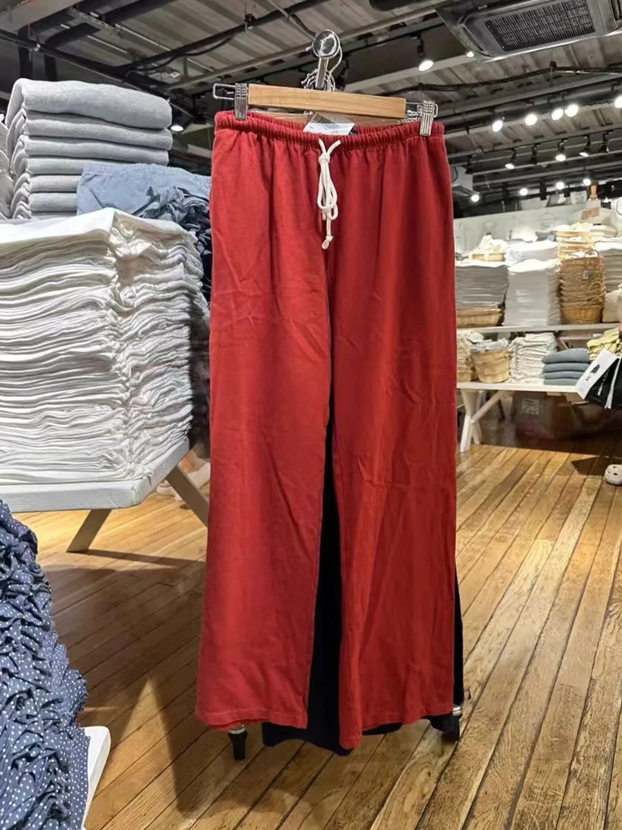 Red Drawstring Straight Sweatpants Women Autumn High Waist Cotton Wide Leg Pants Vintage Streetwear Casual Sports Trousers New