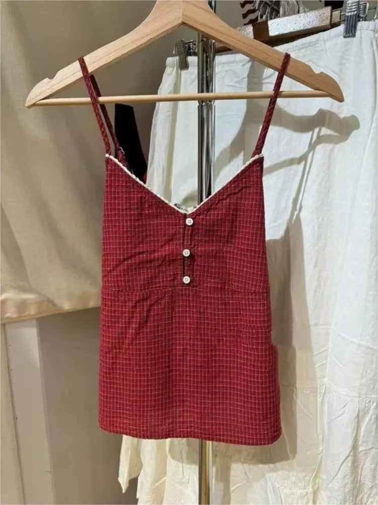 Red Plaid Buttons V-neck Camis Women Summer Casual Lace Trim Slim Simple Sleeveless Vests Vintage Sweet Preppy Style Tank Tops