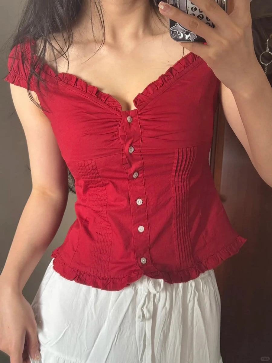 Blue Striped Folds Blouse Top Women New Casual Single Breasted Ruffle Sleeveless Tank Tops Vest Sweet Preppy Style Camisole Y2K