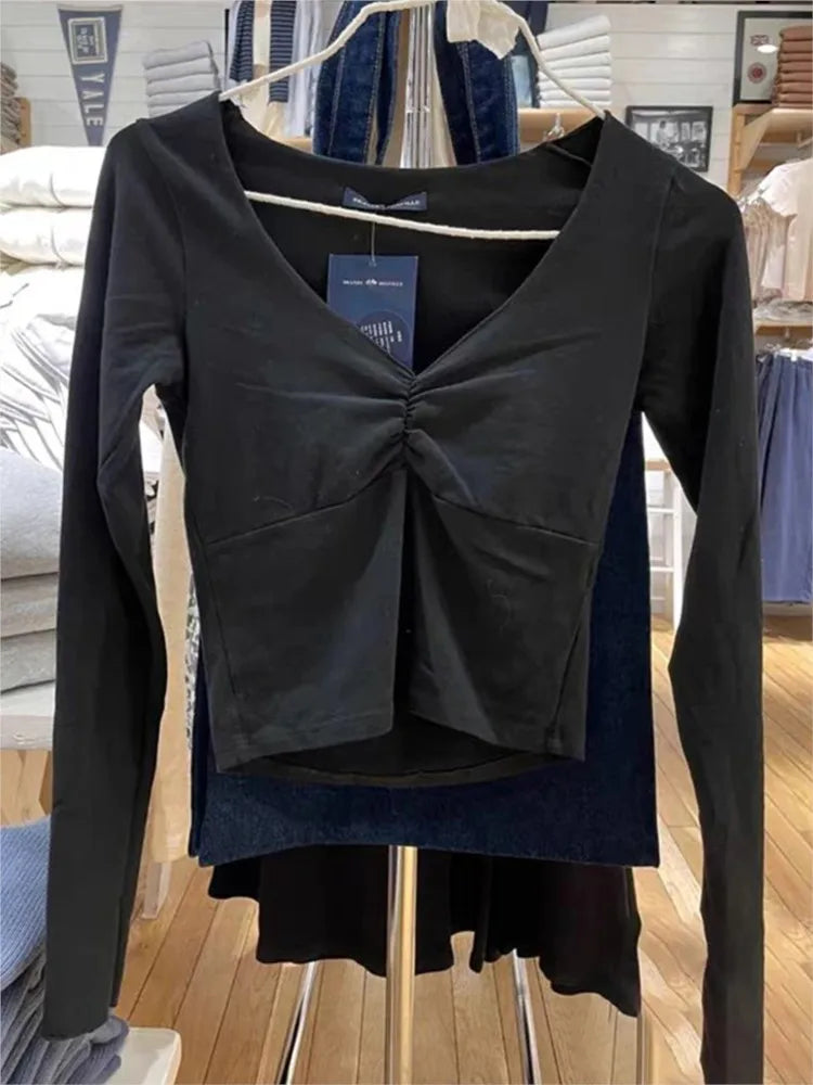 Sweet Gray Folds V-neck Slim Long Sleeve Tees Women Spring New Cotton Soft Simple Basic Crop Tops Vintage Cute Chic T-shirts Y2K