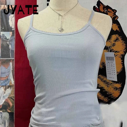New Sweet Blue Slim Sleeveless Vest Women Summer Cotton Soft Streetwear Basic Lace Trim Tank Tops Vintage Chic Cute T-shirts Y2K