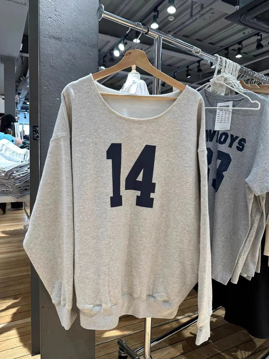Fashion 14 Print Oversized Sweatshirt Women Autumn Sexy Scoop Neck Long Sleeve Cotton Loose Pullover Streetwear Hoodie Y2K Tops
