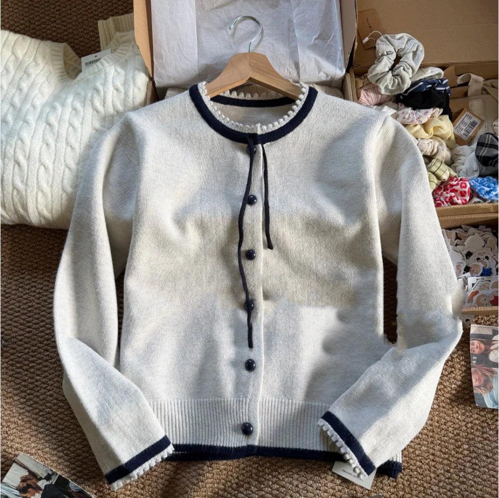 Retro Pattern Loose Knitted Cardigan Women Spring New Casual Versatile Korean Style Long Sleeve Top Sweet Chic Simple Sweater