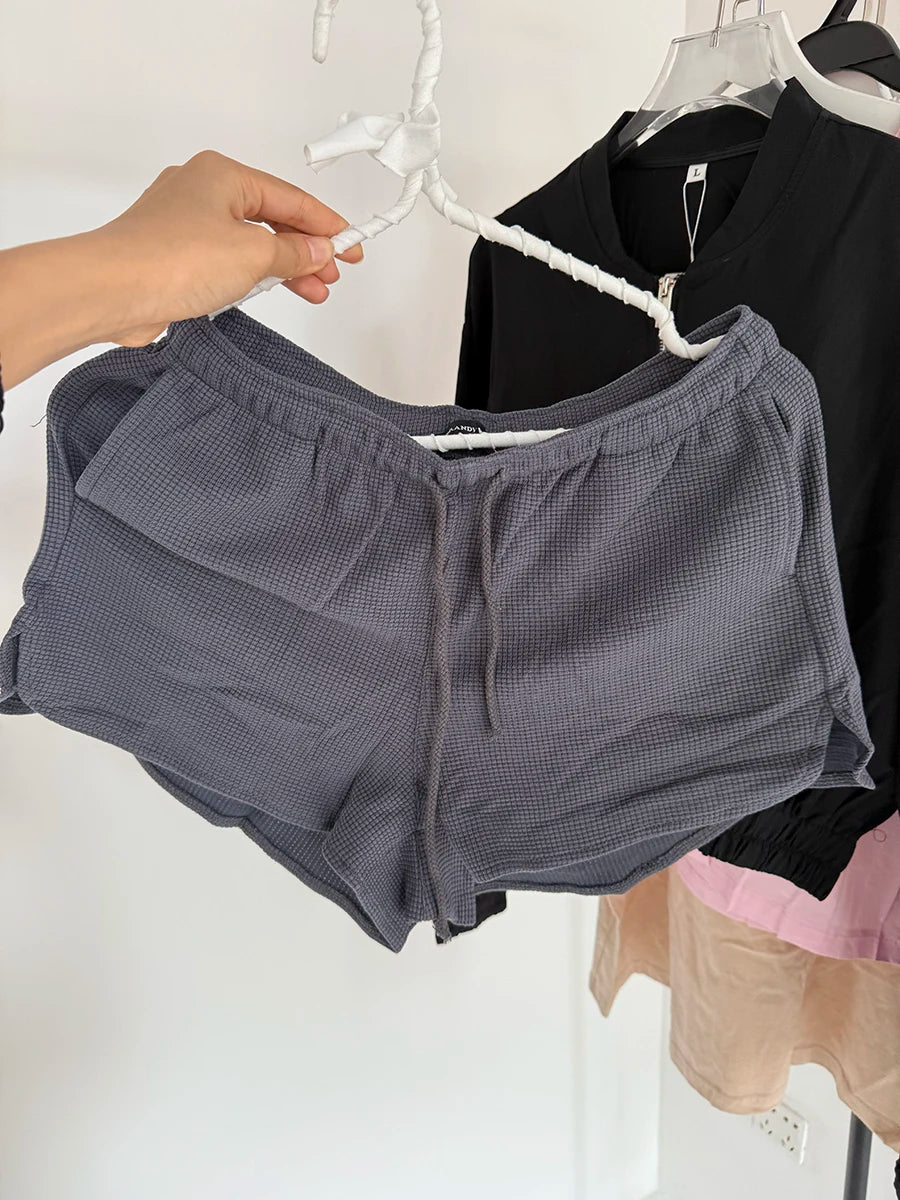 Yellow Waffle Loose Shorts Women Summer New Casual Drawstring Elastic High Waist Sports Short Sweet CutePreppy Style Short Pants
