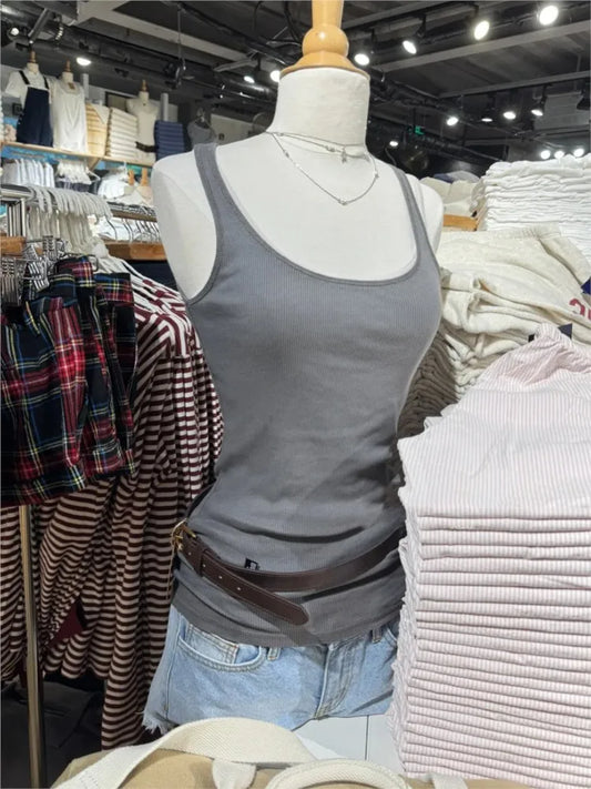 Vintage Solid Ribbed U-neck Tank Tops Women Summer New Streetwear Basic Sleeveless Vests Sweet All-matchCasual Slim  Camisole