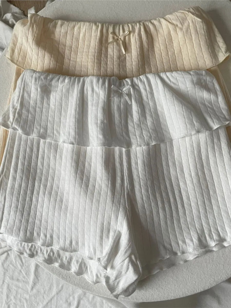 Cute Bow Eyelet Flange Shorts Women Spring Solid Elastic Waist Cotton Straight Short Pants Sweet Home Underwear Y2K Sweatshorts