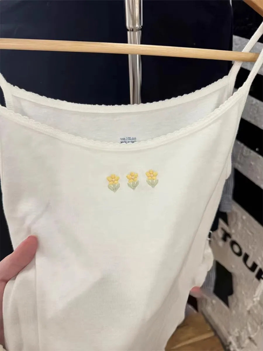 Three Floral Embroidery Slim Tank Top Women Preppy Style Lace Trim Cotton Camisole Female Vintage Sweet Cute Crop Top Y2K Vests