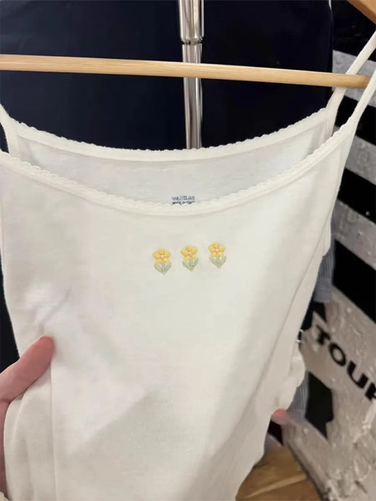 Three Floral Embroidery Slim Tank Top Women Preppy Style Lace Trim Cotton Camisole Female Vintage Sweet Cute Crop Top Y2K Vests