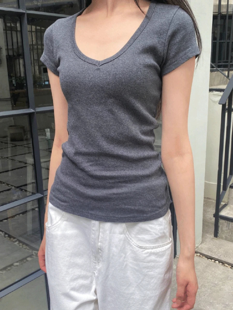 Dark Gray Lace Trim V-neck Short Sleeve Tee Women New Cotton Casual Simple Slim Tops Clothes Vintage Basic Preppy Style T-shirt