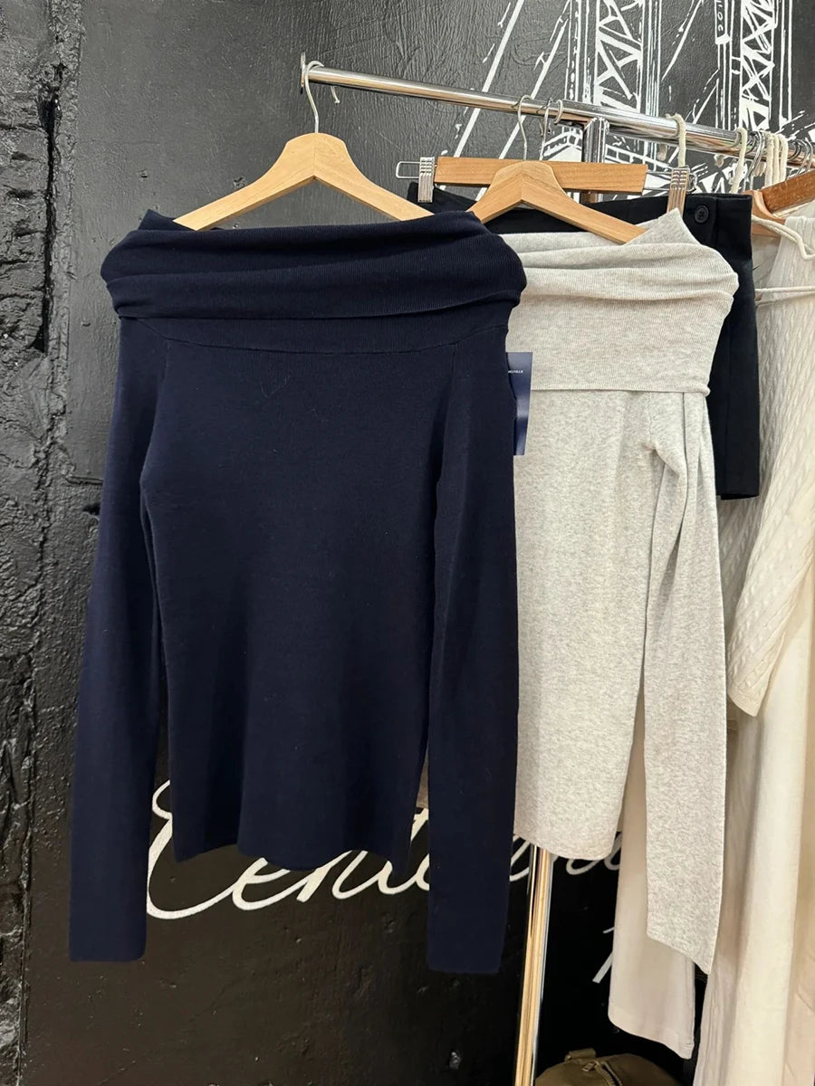 Navy Knit Slim Long Sleeve T-shirts Women New Sexy Slash Neck Simple Casual Cotton Tees Femme Vintage Preppy Style T Shirt Y2K